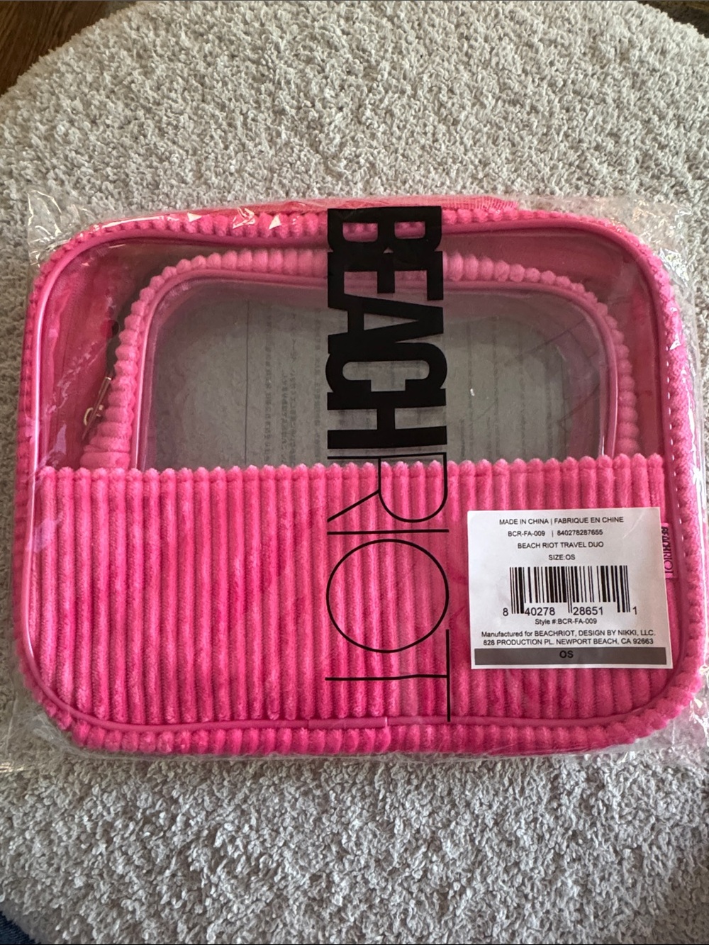Beachriot pink corduroy & clear vinyl travel cosmetic set of 2 bags. NWT.